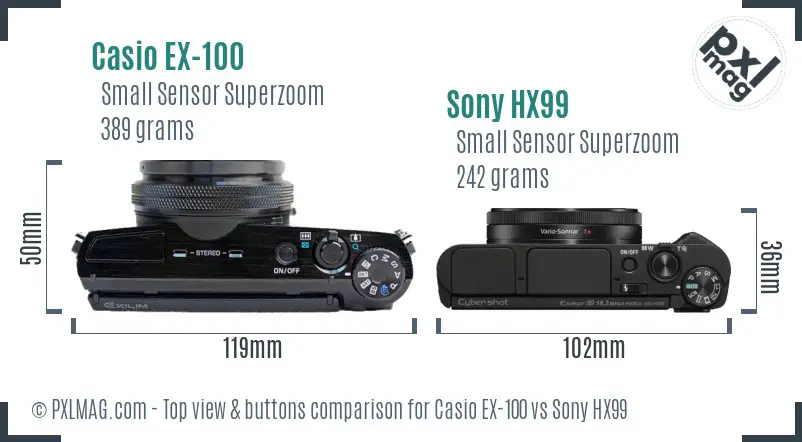 Casio EX-100 vs Sony HX99 top view buttons comparison