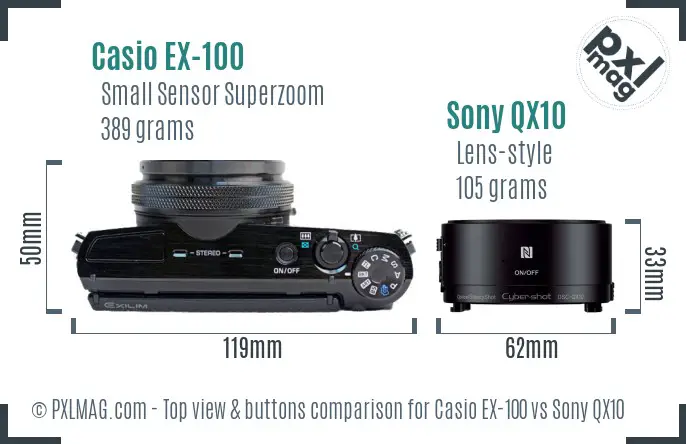 Casio EX-100 vs Sony QX10 top view buttons comparison