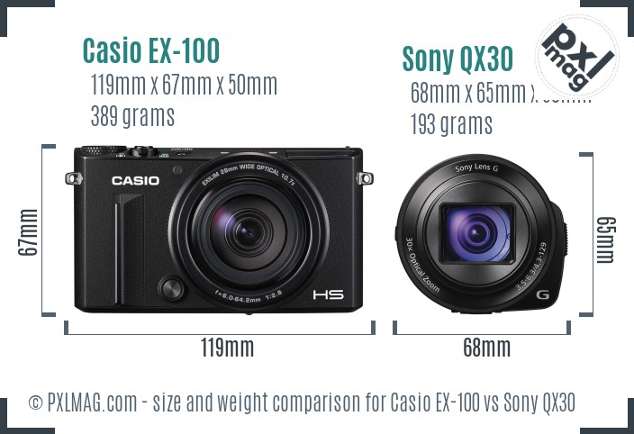 Casio EX-100 vs Sony QX30 size comparison