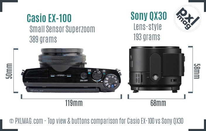 Casio EX-100 vs Sony QX30 top view buttons comparison