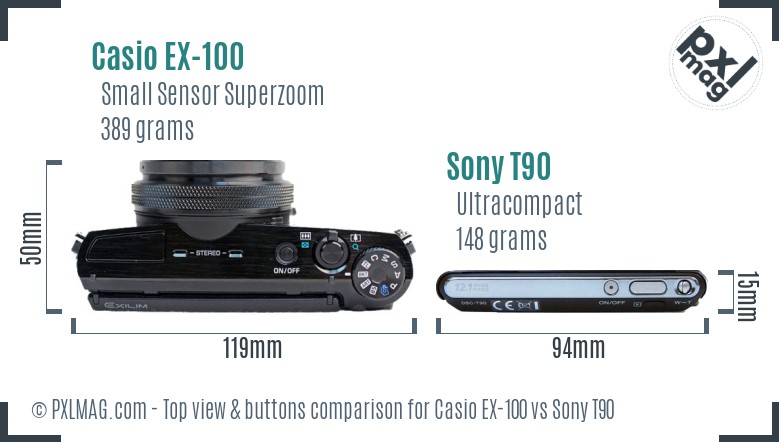 Casio EX-100 vs Sony T90 top view buttons comparison
