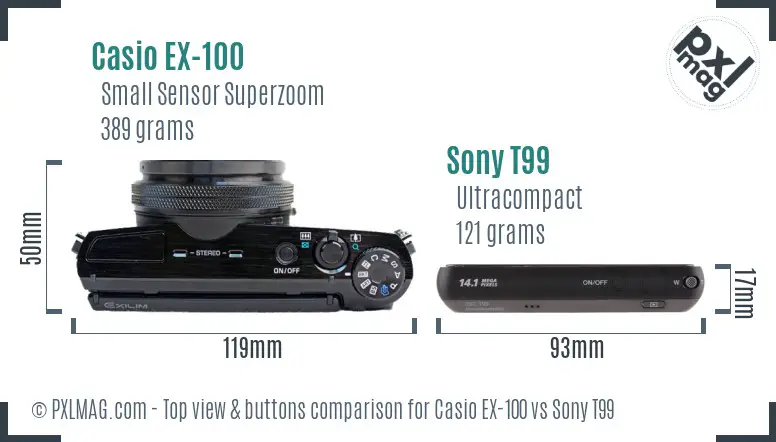 Casio EX-100 vs Sony T99 top view buttons comparison Casio EX-100 vs Sony T99 top view buttons comparison