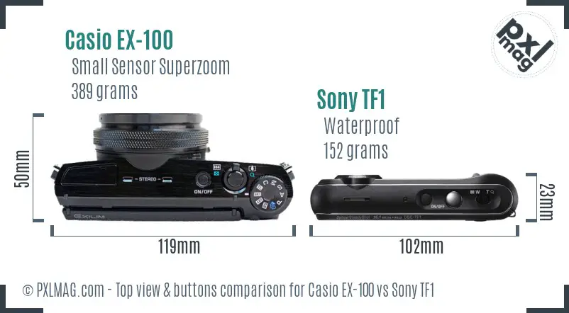 Casio EX-100 vs Sony TF1 top view buttons comparison Casio EX-100 vs Sony TF1 top view buttons comparison