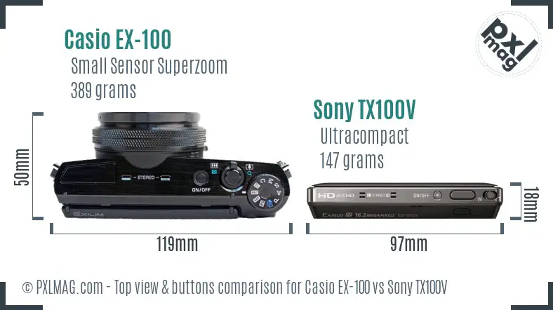 Casio EX-100 vs Sony TX100V top view buttons comparison Casio EX-100 vs Sony TX100V top view buttons comparison