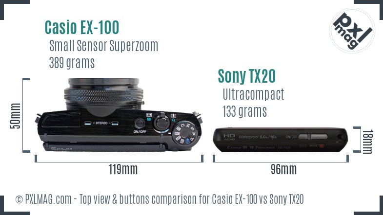 Casio EX-100 vs Sony TX20 top view buttons comparison