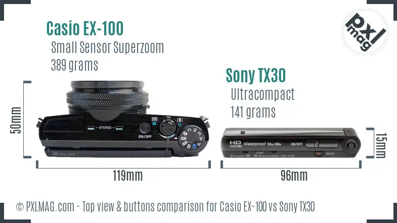 Casio EX-100 vs Sony TX30 top view buttons comparison
