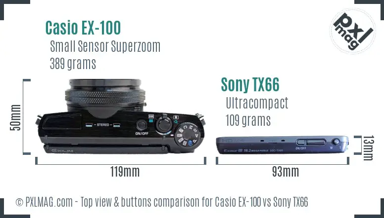 Casio EX-100 vs Sony TX66 top view buttons comparison Casio EX-100 vs Sony TX66 top view buttons comparison