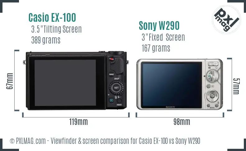 Casio EX-100 vs Sony W290 Screen and Viewfinder comparison