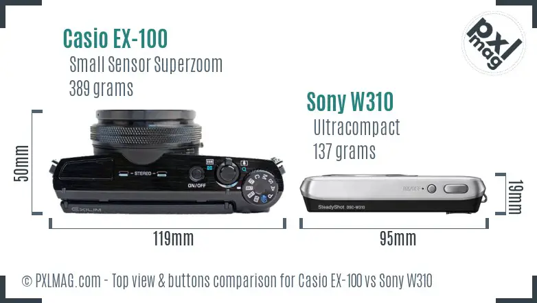 Casio EX-100 vs Sony W310 top view buttons comparison
