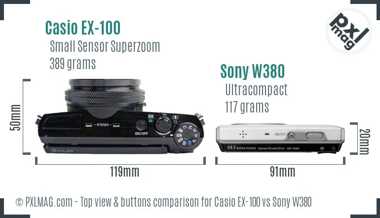 Casio EX-100 vs Sony W380 top view buttons comparison