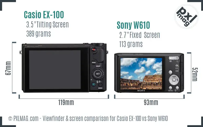 Casio EX-100 vs Sony W610 Screen and Viewfinder comparison