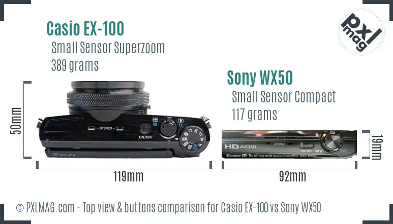 Casio EX-100 vs Sony WX50 top view buttons comparison