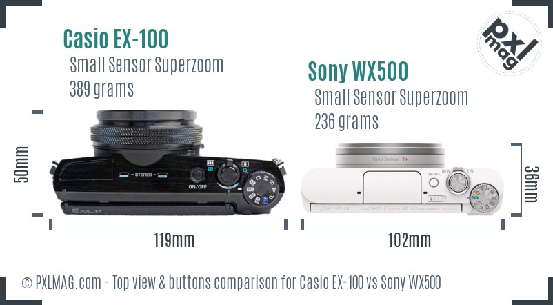 Casio EX-100 vs Sony WX500 top view buttons comparison