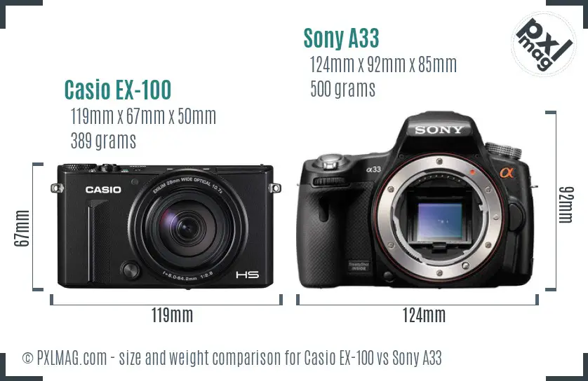 Casio EX-100 vs Sony A33 size comparison