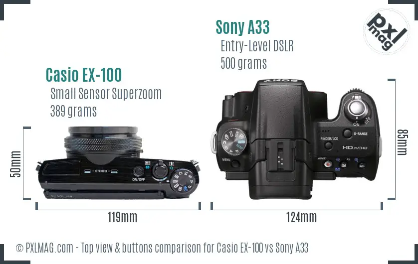Casio EX-100 vs Sony A33 top view buttons comparison