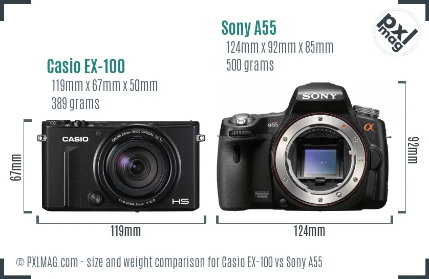 Casio EX-100 vs Sony A55 size comparison