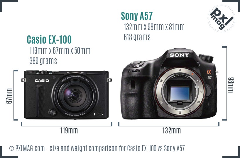 Casio EX-100 vs Sony A57 size comparison