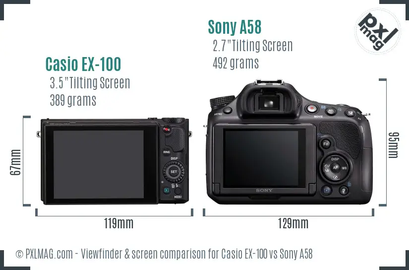 Casio EX-100 vs Sony A58 Screen and Viewfinder comparison