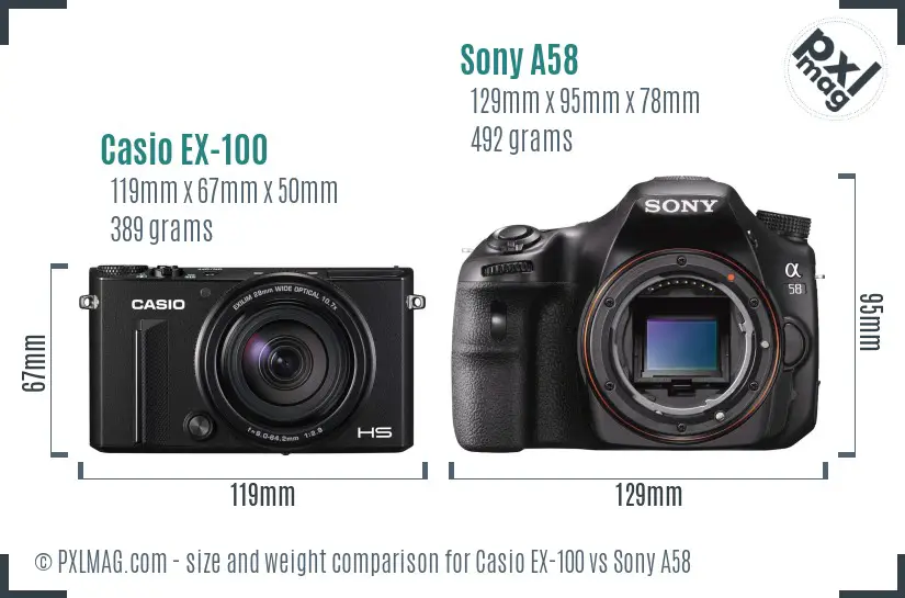 Casio EX-100 vs Sony A58 size comparison