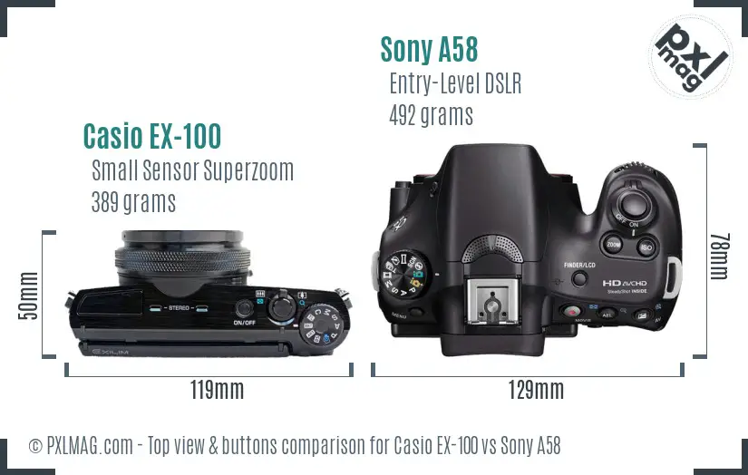 Casio EX-100 vs Sony A58 top view buttons comparison