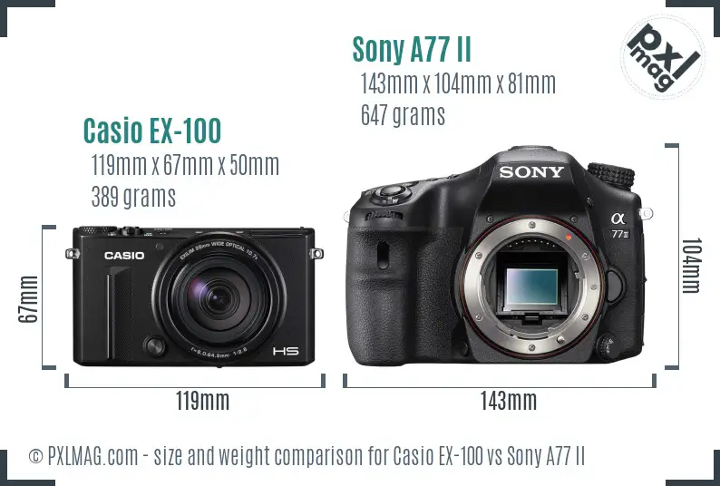 Casio EX-100 vs Sony A77 II size comparison Casio EX-100 vs Sony A77 II size comparison
