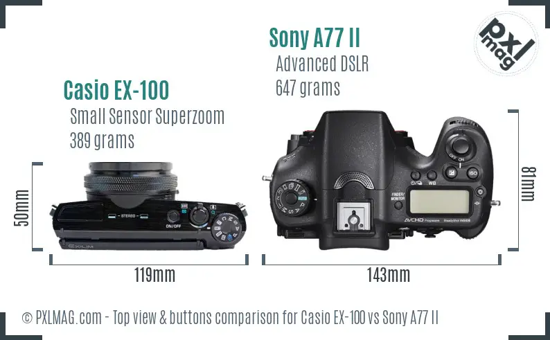 Casio EX-100 vs Sony A77 II top view buttons comparison Casio EX-100 vs Sony A77 II top view buttons comparison