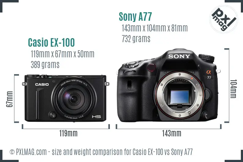 Casio EX-100 vs Sony A77 size comparison