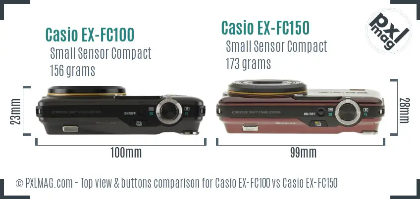 Casio EX-FC100 vs Casio EX-FC150 top view buttons comparison