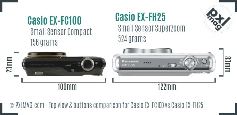 Casio EX-FC100 vs Casio EX-FH25 top view buttons comparison