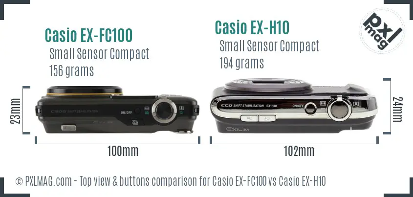 Casio EX-FC100 vs Casio EX-H10 top view buttons comparison