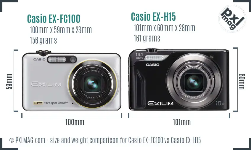 Casio EX-FC100 vs Casio EX-H15 size comparison