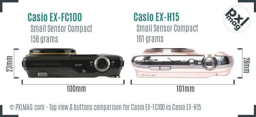 Casio EX-FC100 vs Casio EX-H15 top view buttons comparison