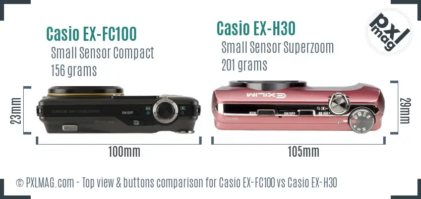 Casio EX-FC100 vs Casio EX-H30 top view buttons comparison