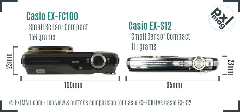 Casio EX-FC100 vs Casio EX-S12 top view buttons comparison