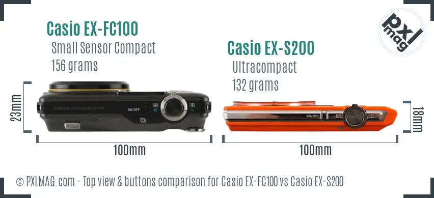 Casio EX-FC100 vs Casio EX-S200 top view buttons comparison
