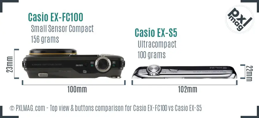 Casio EX-FC100 vs Casio EX-S5 top view buttons comparison