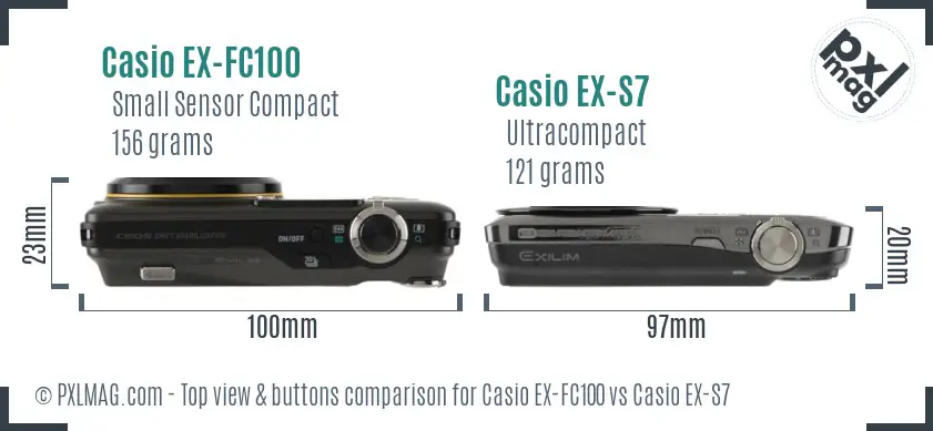 Casio EX-FC100 vs Casio EX-S7 top view buttons comparison