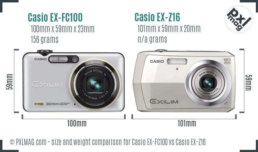 Casio EX-FC100 vs Casio EX-Z16 size comparison