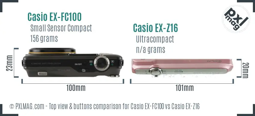 Casio EX-FC100 vs Casio EX-Z16 top view buttons comparison