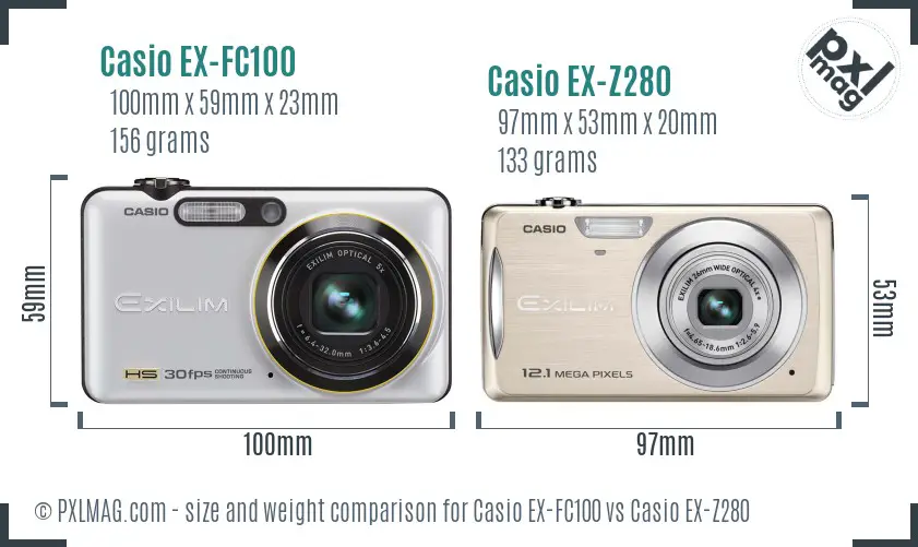 Casio EX-FC100 vs Casio EX-Z280 size comparison