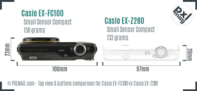 Casio EX-FC100 vs Casio EX-Z280 top view buttons comparison