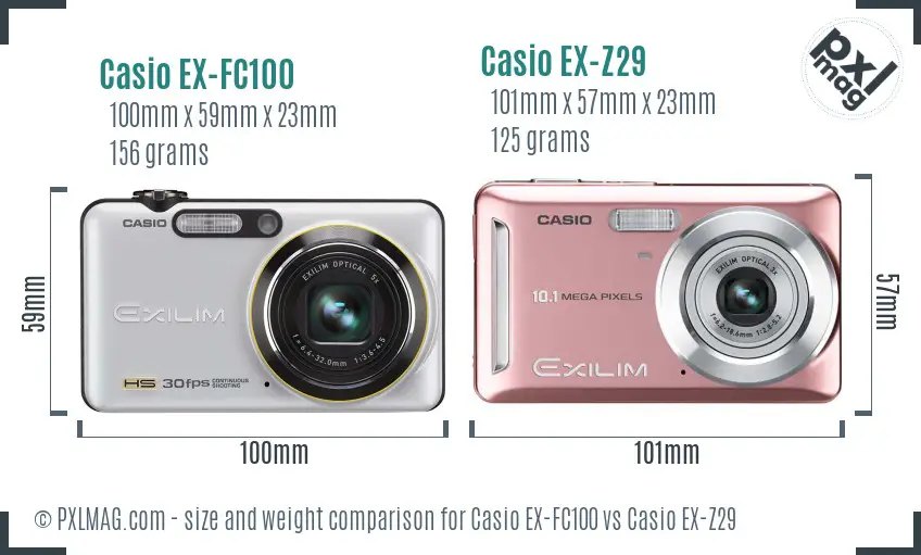Casio EX-FC100 vs Casio EX-Z29 size comparison