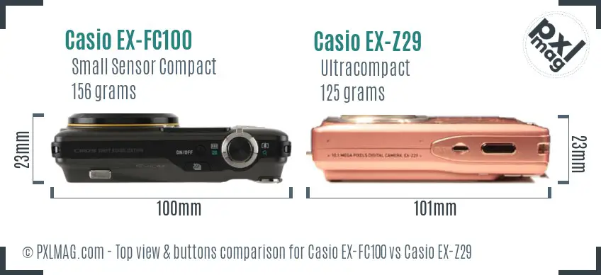 Casio EX-FC100 vs Casio EX-Z29 top view buttons comparison