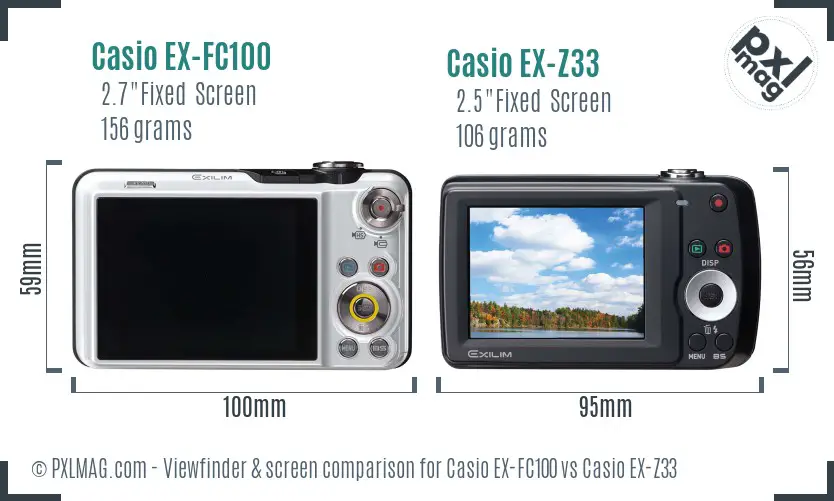 Casio EX-FC100 vs Casio EX-Z33 Screen and Viewfinder comparison