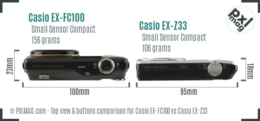 Casio EX-FC100 vs Casio EX-Z33 top view buttons comparison
