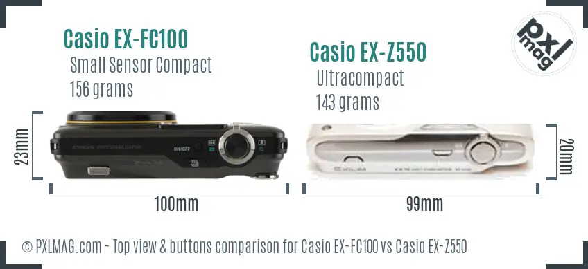 Casio EX-FC100 vs Casio EX-Z550 top view buttons comparison