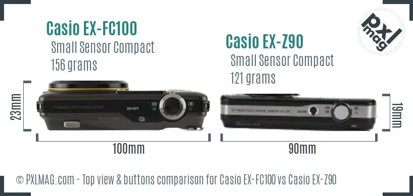 Casio EX-FC100 vs Casio EX-Z90 top view buttons comparison
