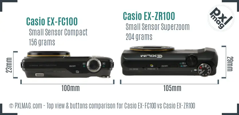 Casio EX-FC100 vs Casio EX-ZR100 top view buttons comparison