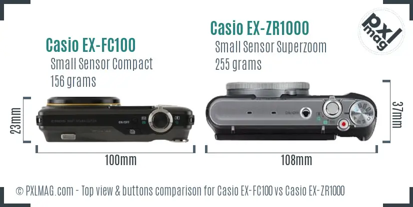 Casio EX-FC100 vs Casio EX-ZR1000 top view buttons comparison