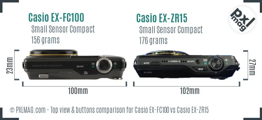 Casio EX-FC100 vs Casio EX-ZR15 top view buttons comparison